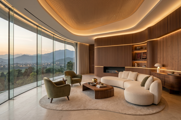 Interior of a futuristic luxury living room featuring organic shapes and curved glass.