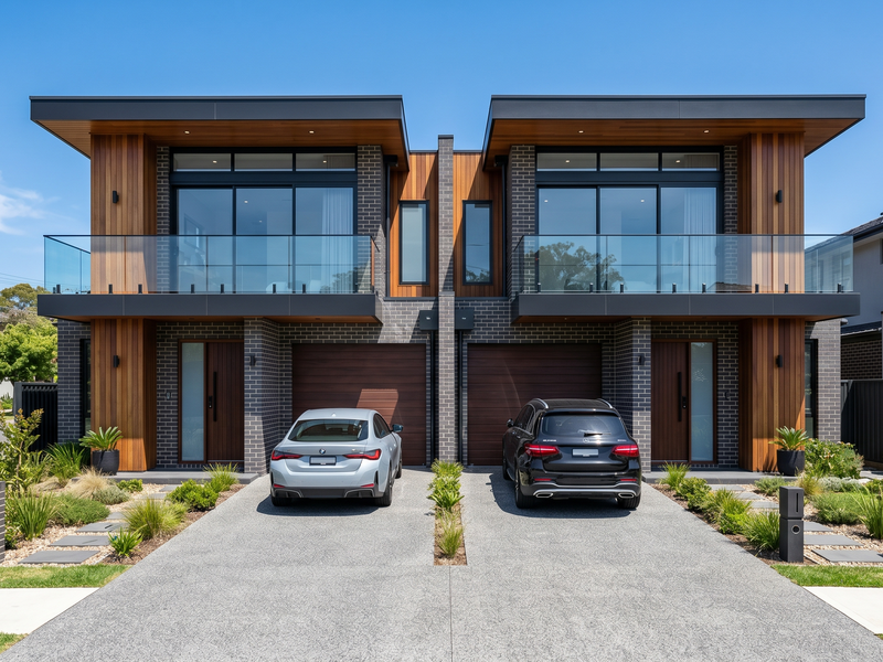 Symmetrical front elevation of the modern Bankstown duplex project featuring glass balconies and dark brickwork.