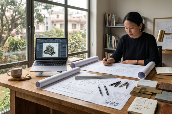 Architect's workspace with blueprints and premium material swatches.