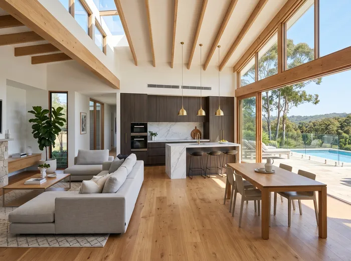 Beautifully renovated open-plan kitchen and living area featuring a marble island and seamless outdoor flow.