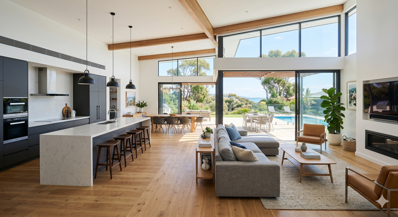 Bright and spacious modern open-plan living room and kitchen demonstrating high-quality finishes.