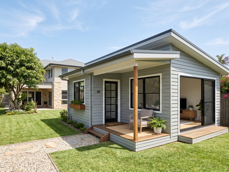 Modern and stylish weatherboard granny flat in a spacious backyard.