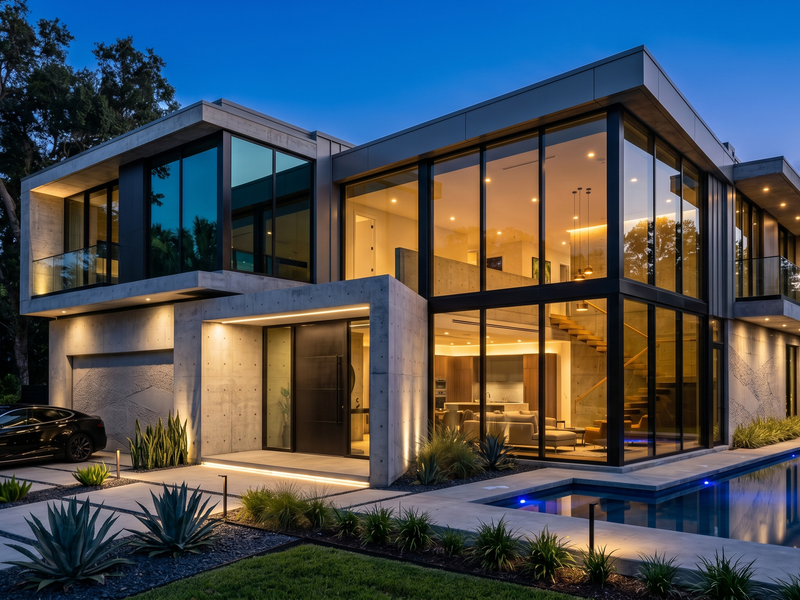 Ultra-modern geometric facade of the Lakemba Contemporary project at twilight.