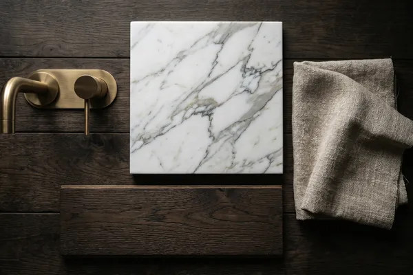 A flat-lay arrangement of luxury building materials including marble, brass, and timber.