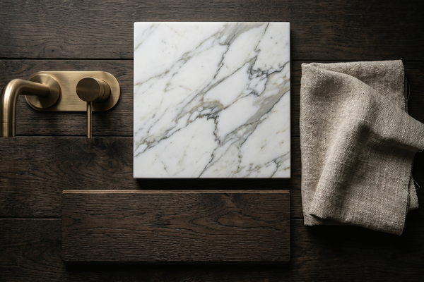 A flat-lay arrangement of luxury building materials including marble, brass, and timber.