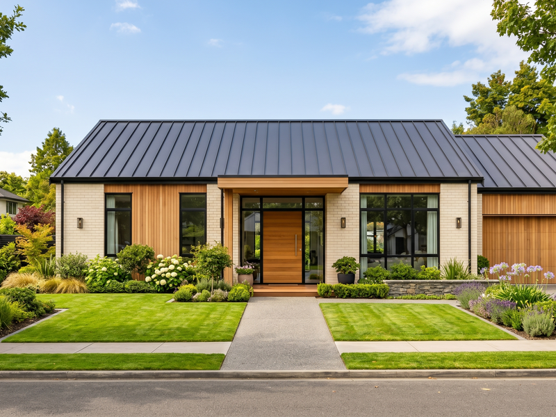 Front view of the Punchbowl single-story family home on a sunny day with manicured lawns.