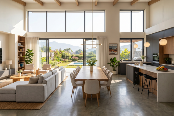 Bright and seamless open-plan living, dining, and kitchen space in a luxury home.