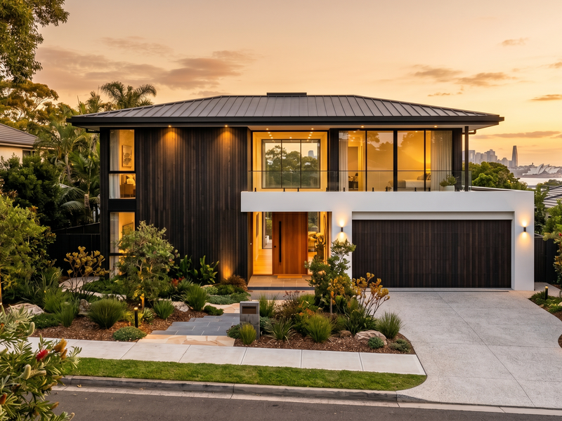Exterior front view of The Yagoona Residence featuring modern timber cladding and landscaping during golden hour.